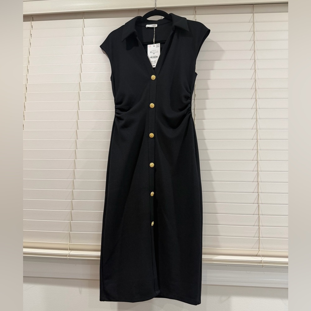 Zara Black Midi Dress with Gold Buttons - Picture 2 of 5